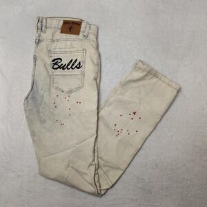 Fisll Denim Jeans Mens 34x34 White Chicago Bulls Slim Distressed Patch Splatter